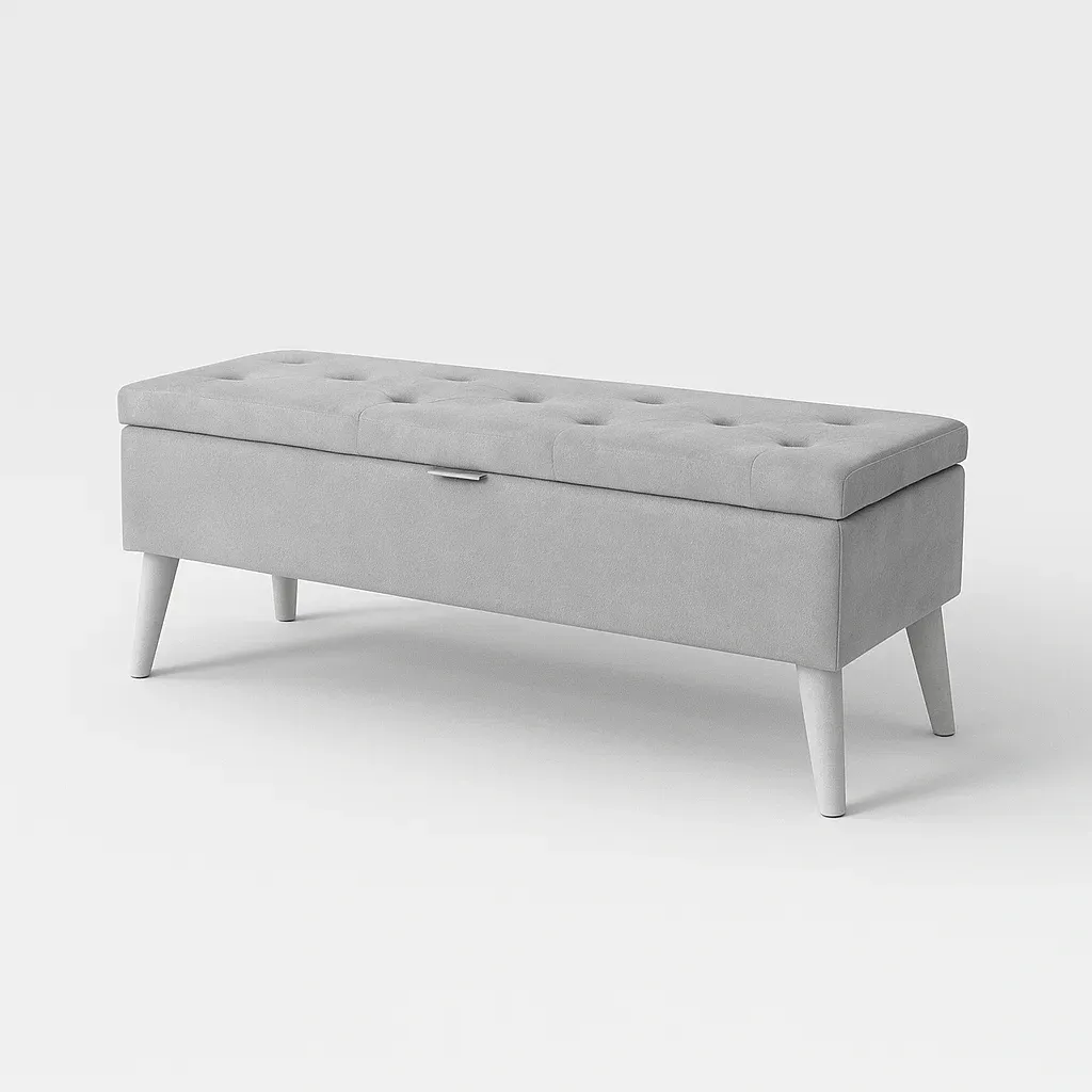 Banc de rangement en bois et tissu gris