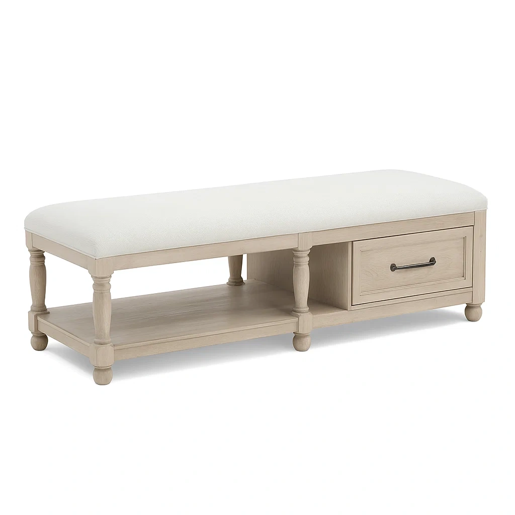 Banc de rangement en bois avec rembourrage en polyester et tiroir beige