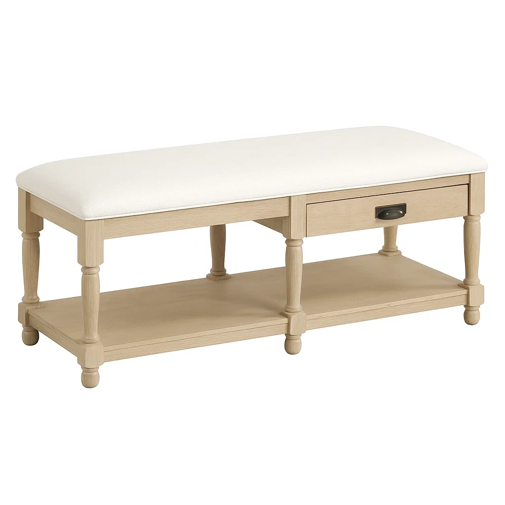 Banc de rangement en chêne avec coussin en polyester