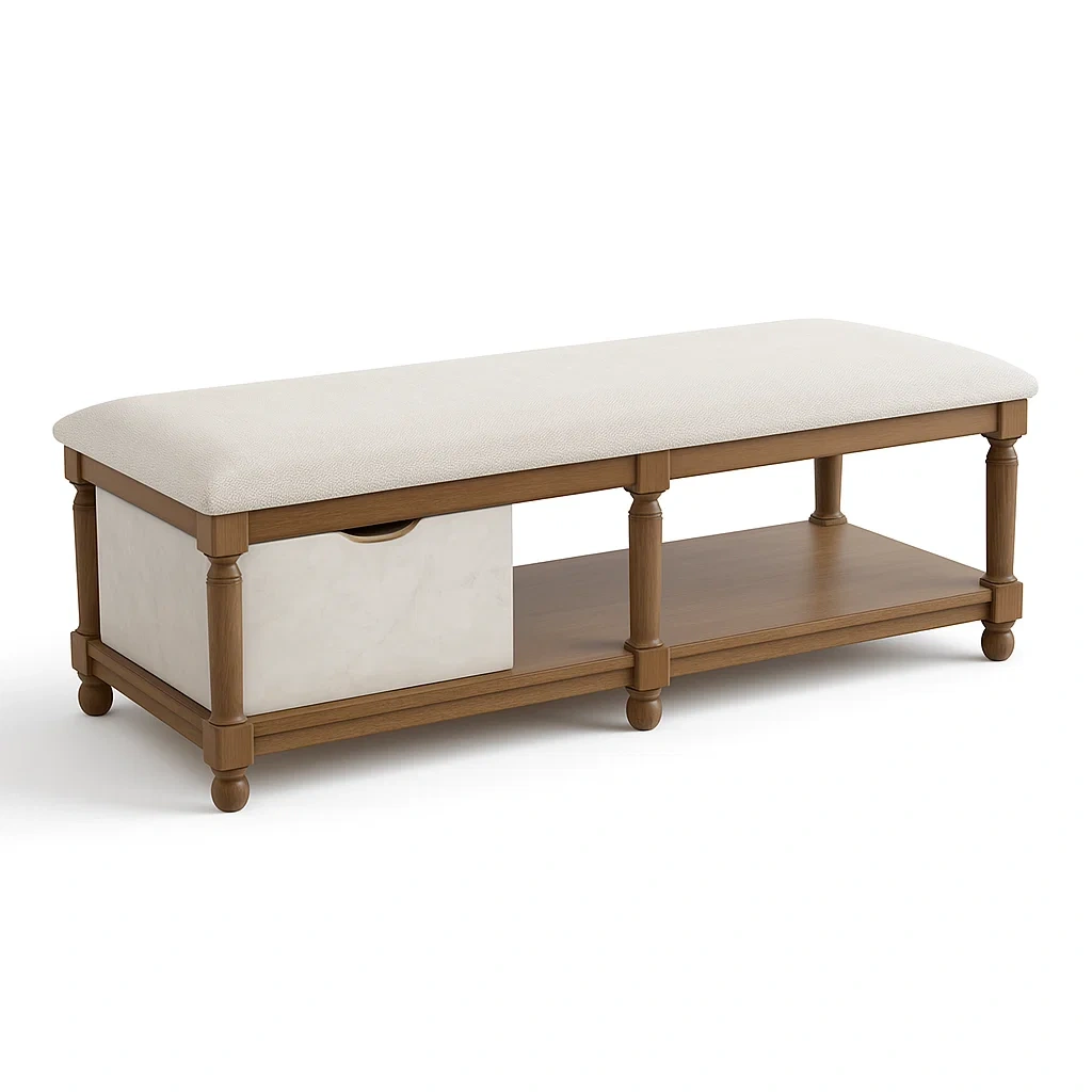 Banc de rangement en bois avec coussin en tissu polyester beige