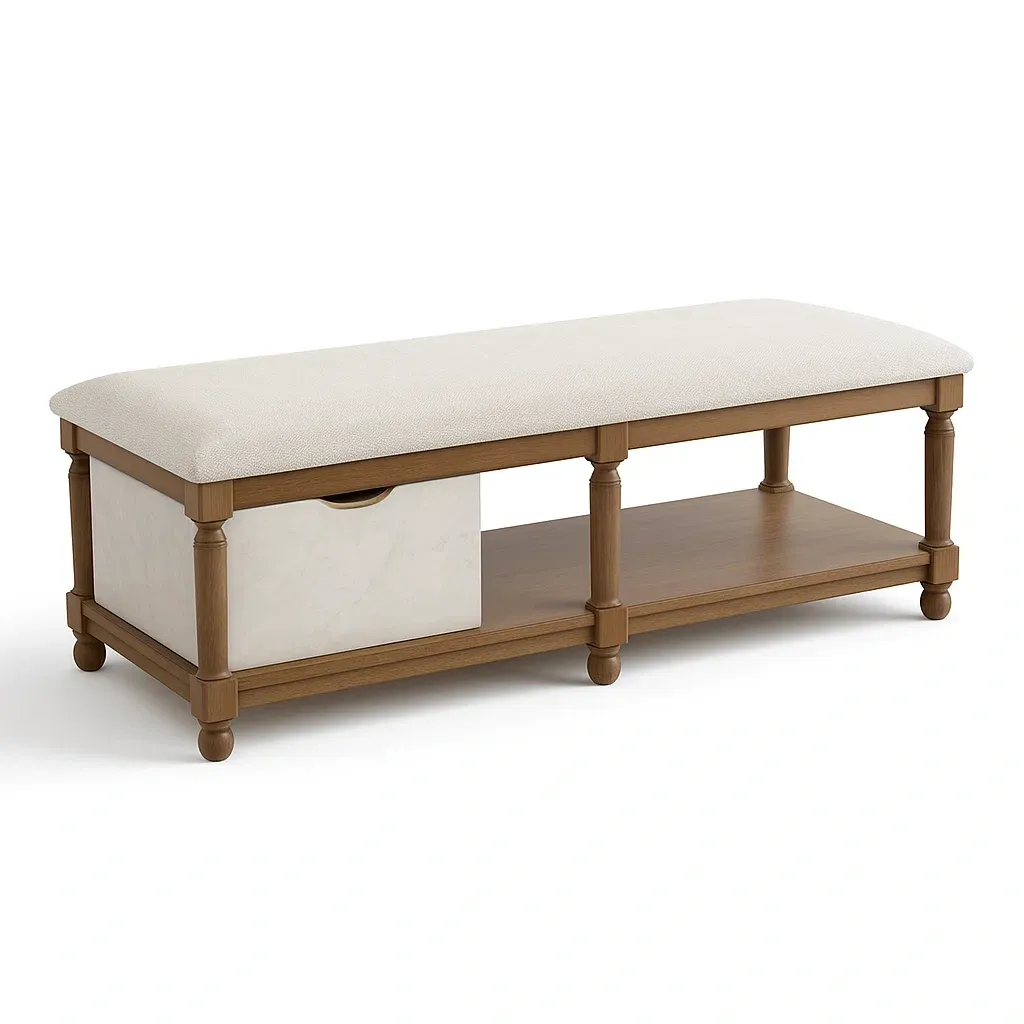 Banc de rangement en bois avec coussin en tissu polyester beige