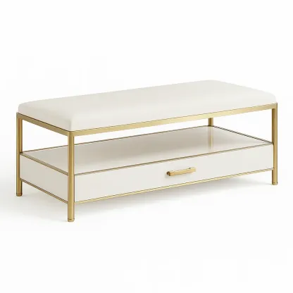 Banc de rangement avec coussin en cuir synthétique blanc et structure métallique dorée