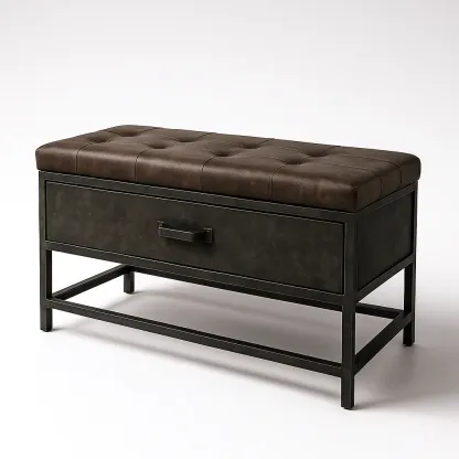 Banc de rangement en métal et cuir synthétique marron