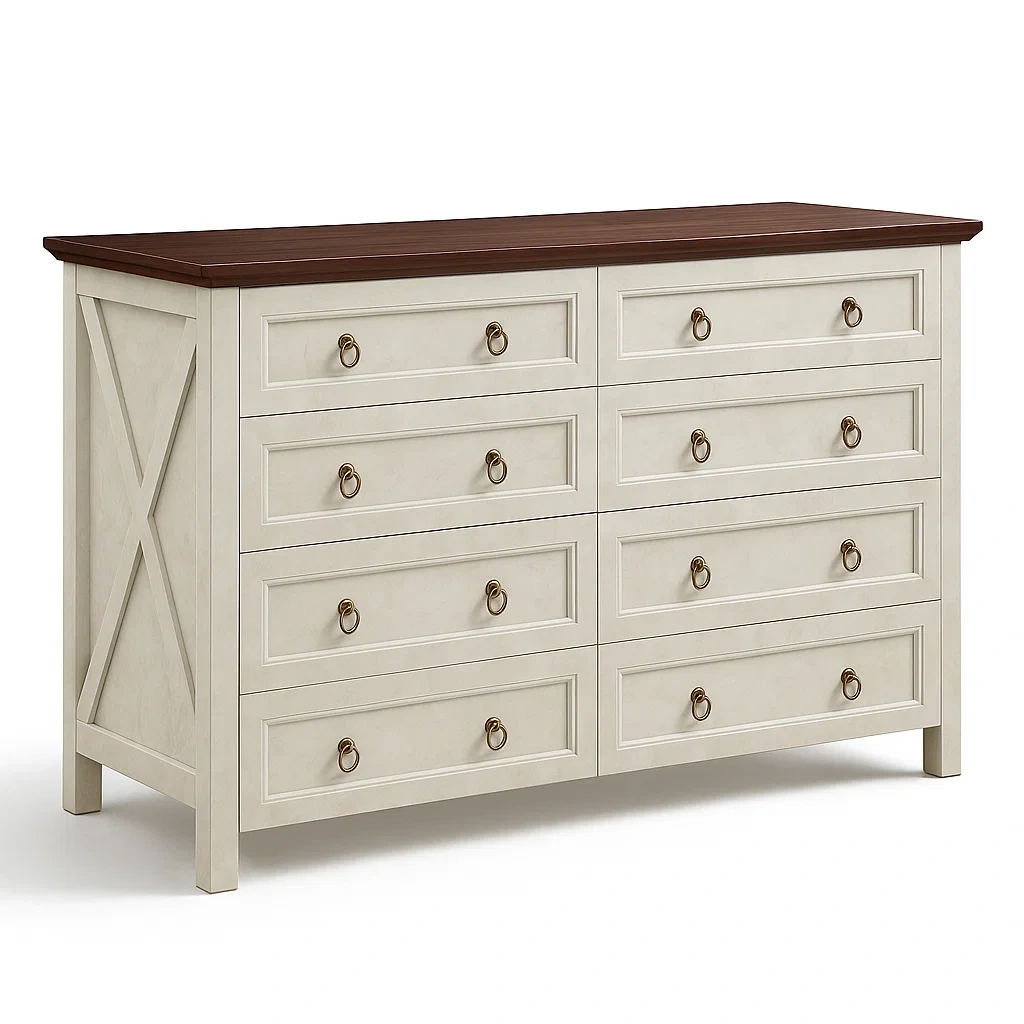 Commode à tiroirs en bois avec placage noyer 8 tiroirs beige