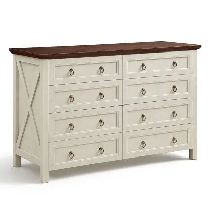 Commode à tiroirs en bois avec placage noyer 8 tiroirs beige