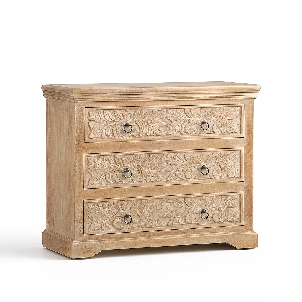 Commode à tiroirs en bois massif sculpté 3 tiroirs beige