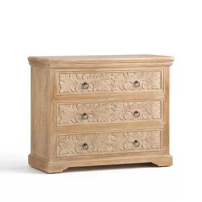 Commode à tiroirs en bois massif sculpté 3 tiroirs beige