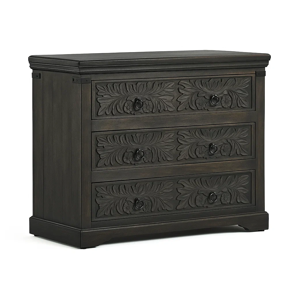 Commode à tiroirs en bois massif avec sculptures décoratives 3 tiroirs marron foncé