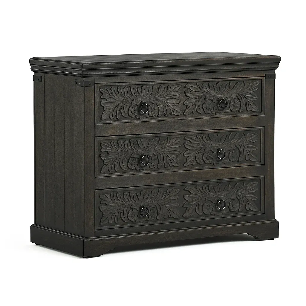 Commode à tiroirs en bois massif avec sculptures décoratives 3 tiroirs marron foncé