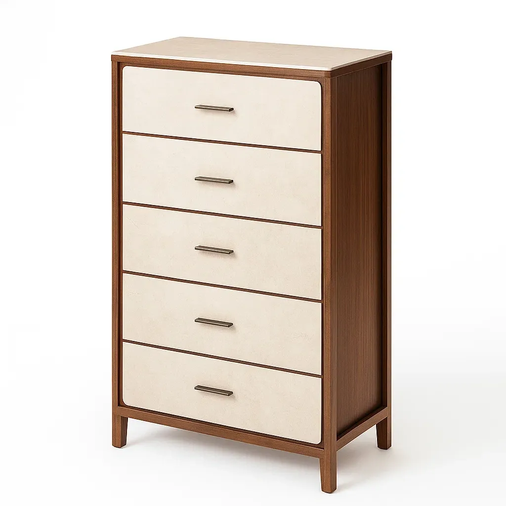 Commode à tiroirs en bois avec façade stratifiée crème 5 tiroirs