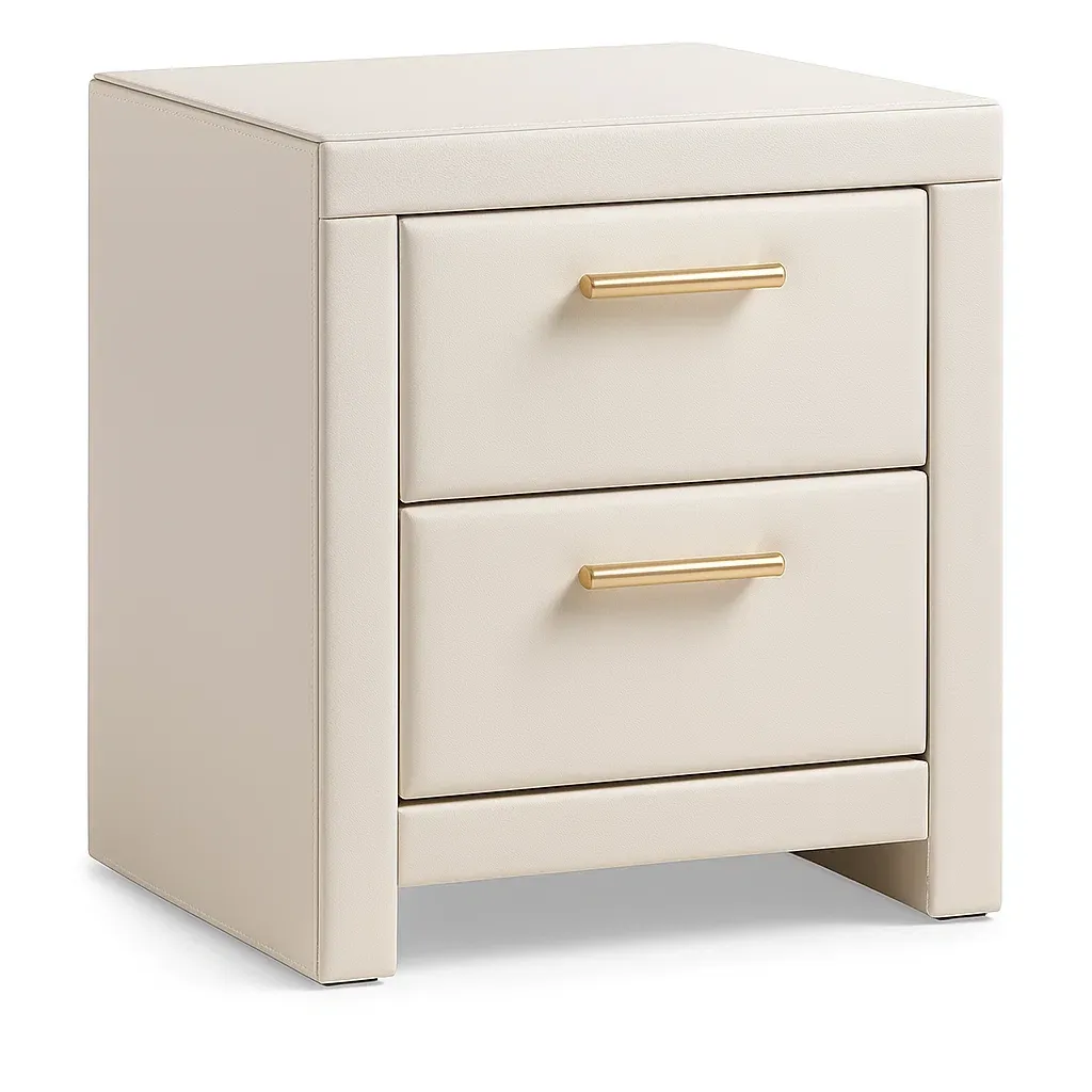 Table de chevet en cuir beige et métal doré avec deux tiroirs