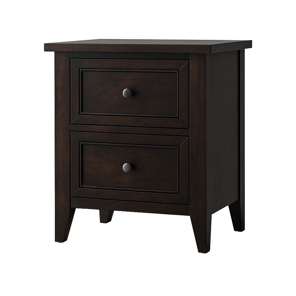 Table de chevet en bois massif brun noir avec deux tiroirs