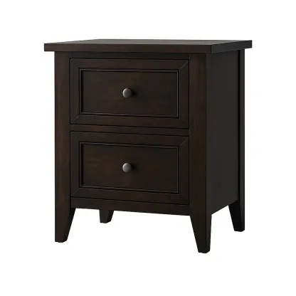 Table de chevet en bois massif brun noir avec deux tiroirs