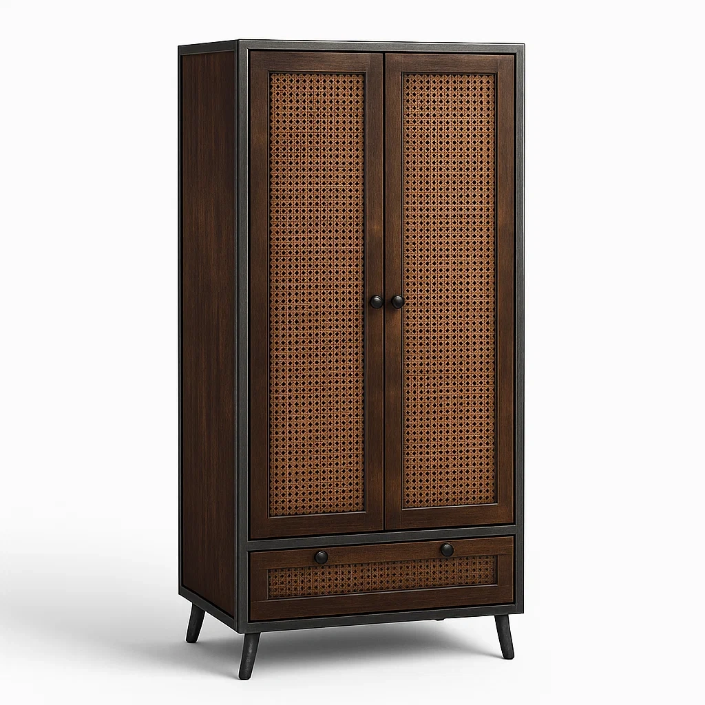 Armoire en bois avec portes en cannage et tiroir