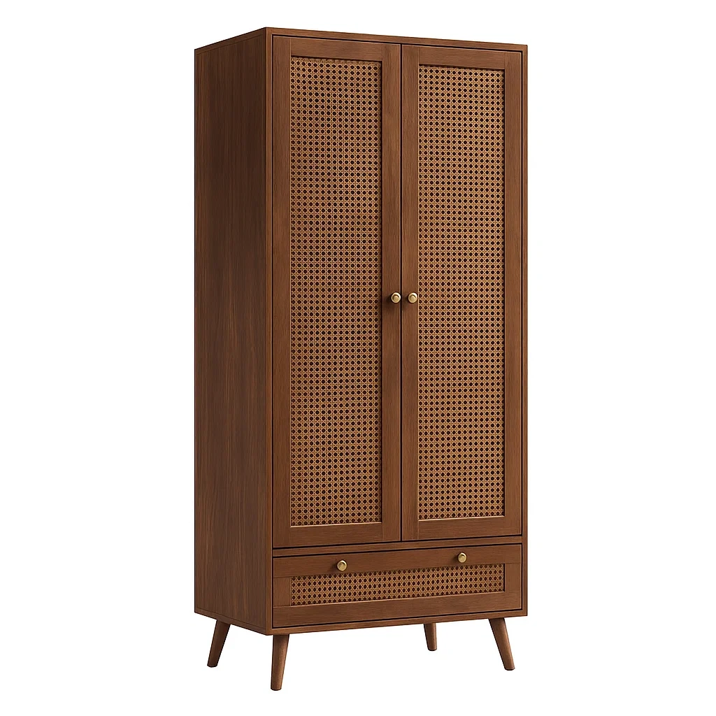 Armoire en bois avec portes en rotin 2 portes 1 tiroir marron