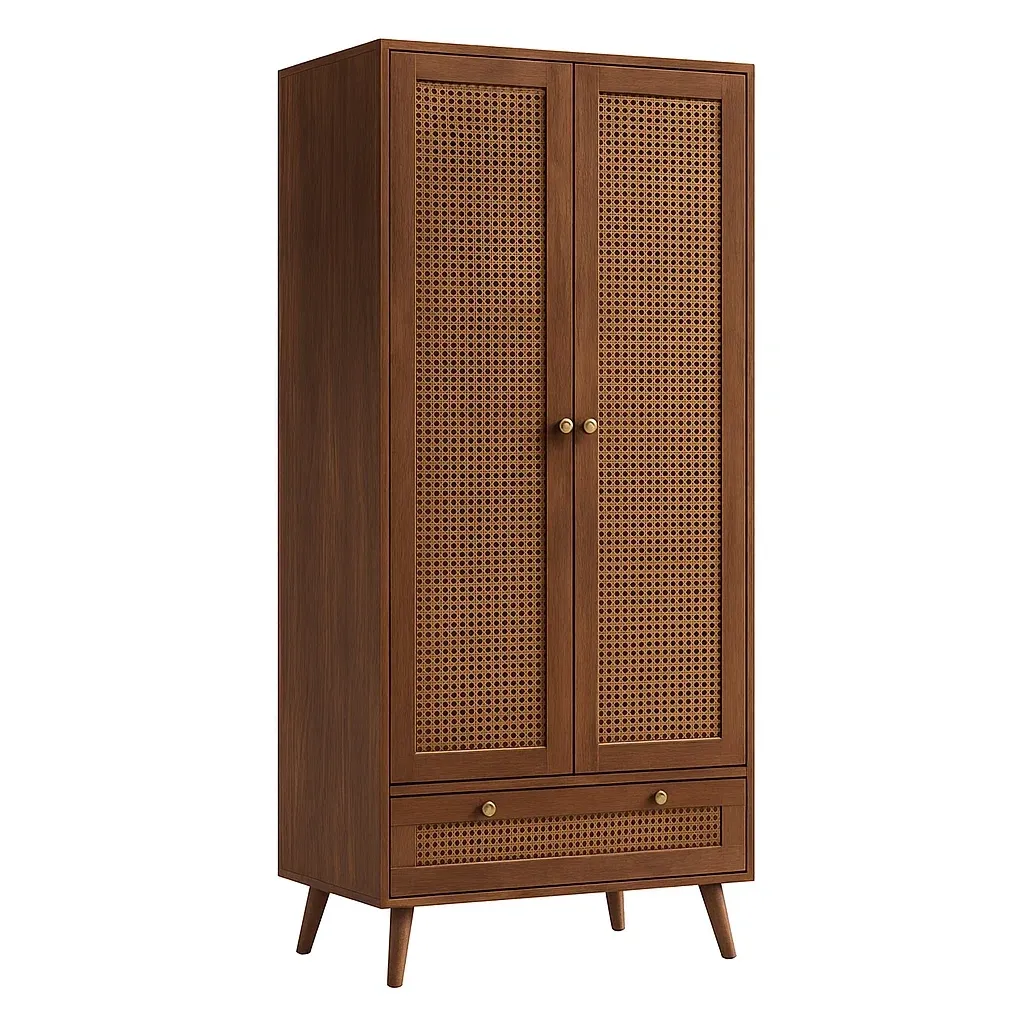 Armoire en bois avec portes en rotin 2 portes 1 tiroir marron