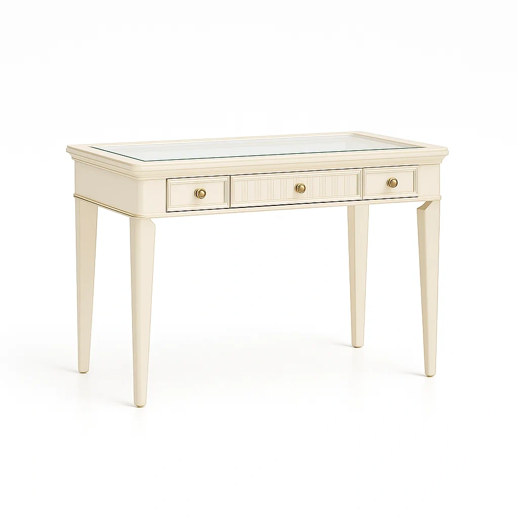 Bureau en bois avec plateau en verre trempé et trois tiroirs crème