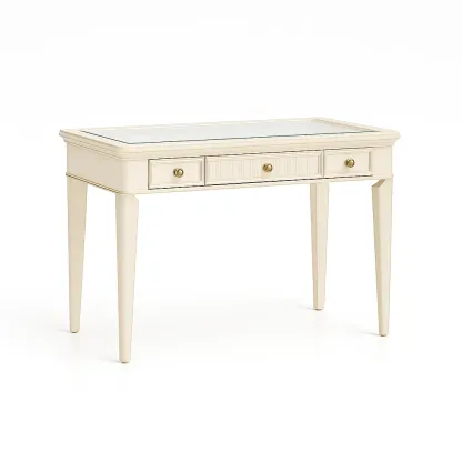 Bureau en bois avec plateau en verre trempé et trois tiroirs crème