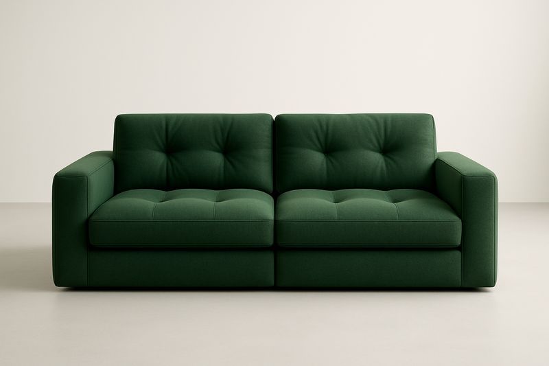 Canapé 2 places en tissu vert 200×100×85 cm, coussins inclus