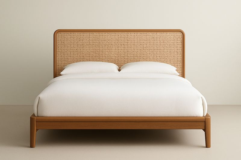 Lit en bois avec tête de lit en rotin 160x200 cm