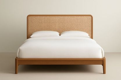 Lit en bois avec tête de lit en rotin 160x200 cm