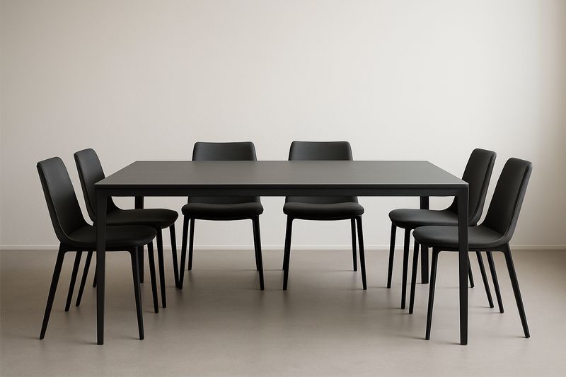 Table rectangulaire en métal noir avec 6 chaises en similicuir