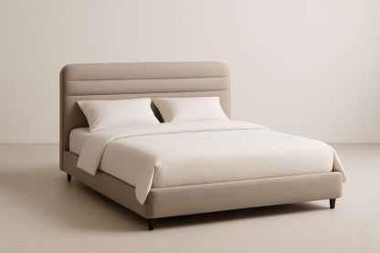 Lit Double Tissu Beige 200x160×100 cm Structure en Bois et Métal