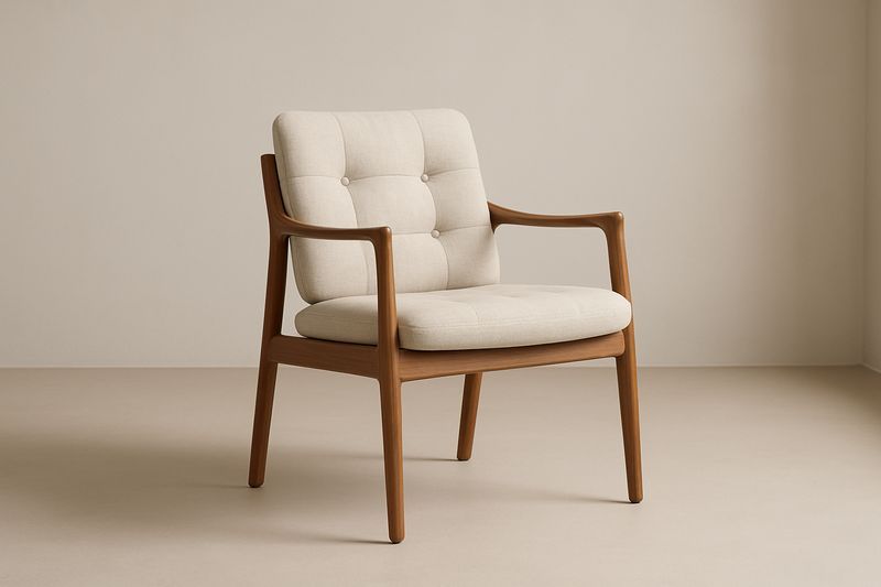 Fauteuil en bois massif de chêne avec coussins en tissu polyester beige, coussins inclus