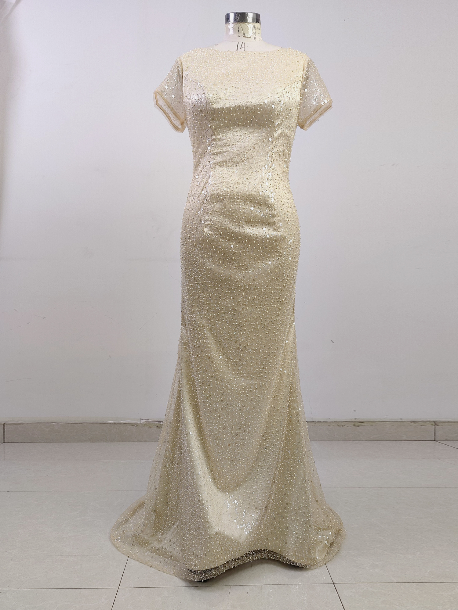 Short Sleeves Formal Dresses for Women Beads Mermaid Evening Party Dress with Train