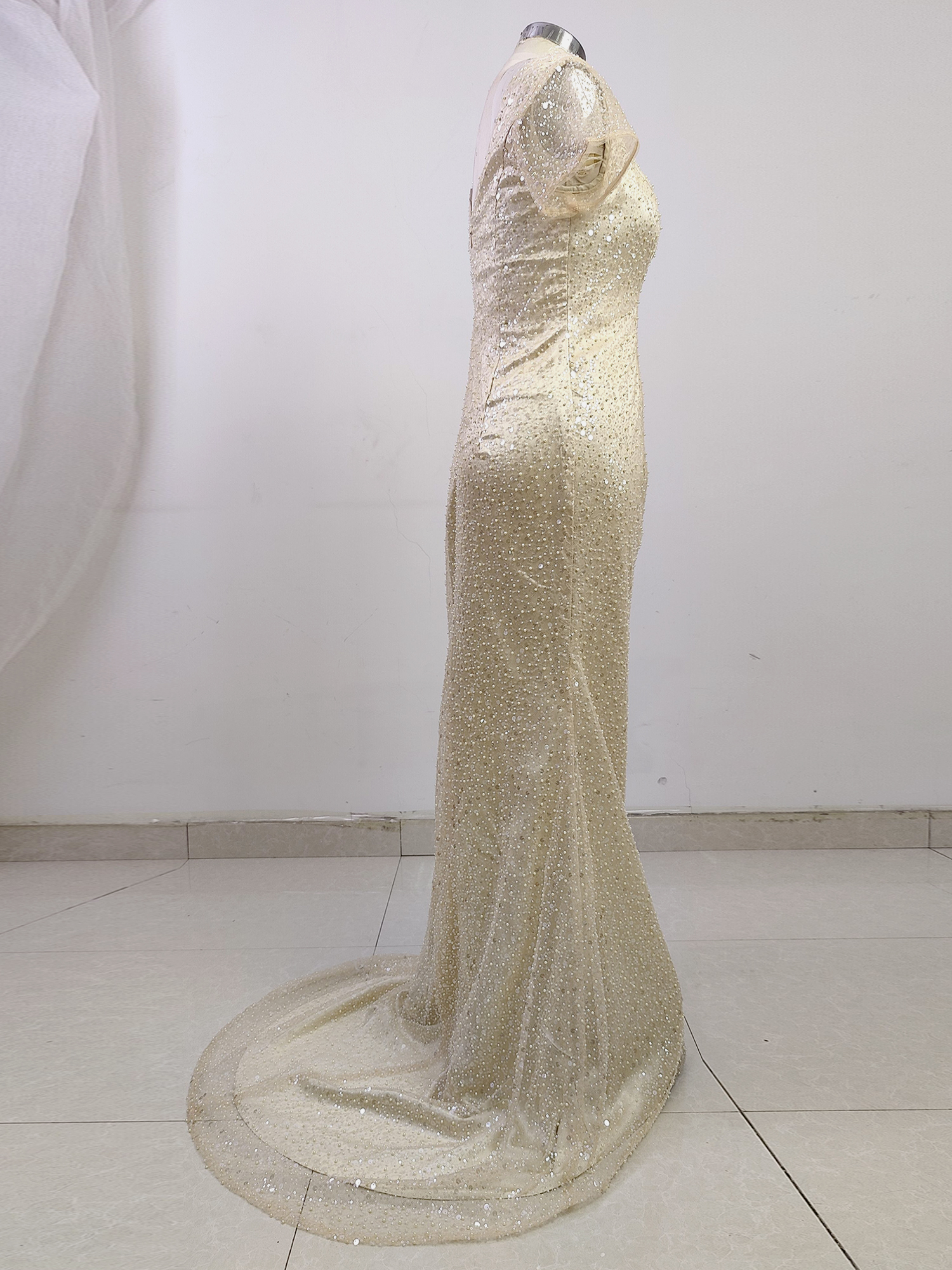 Short Sleeves Formal Dresses for Women Beads Mermaid Evening Party Dress with Train