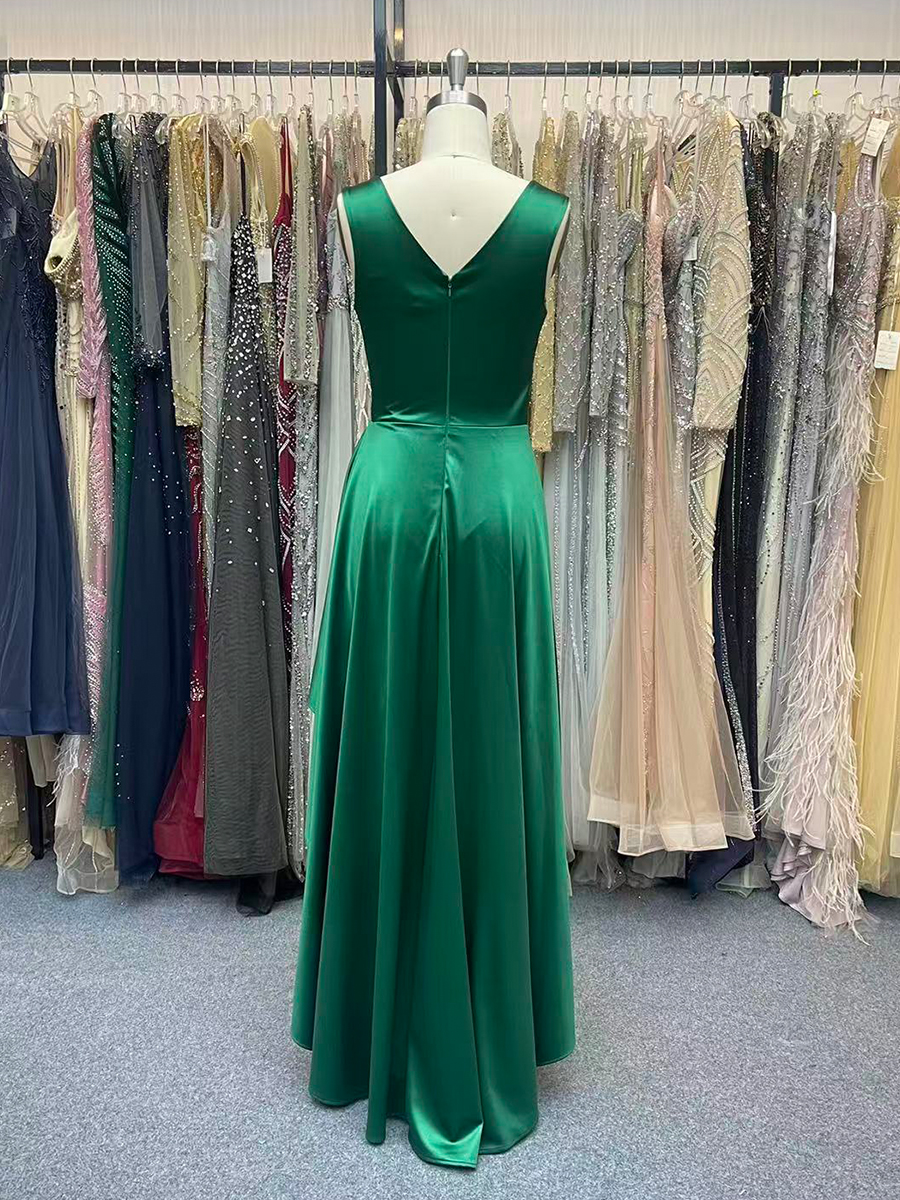 V Neck High Low Formal Dresses for Women Pleat Satin Wedding Guest Dress with Slit