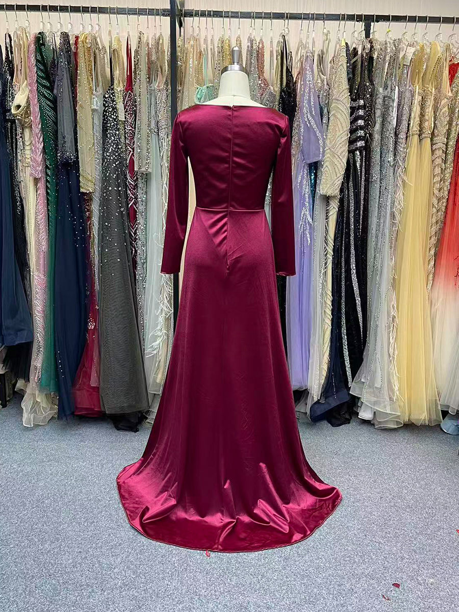 Long Sleeves Satin Prom Dresses with Sequins Mermaid Formal Dress for Women