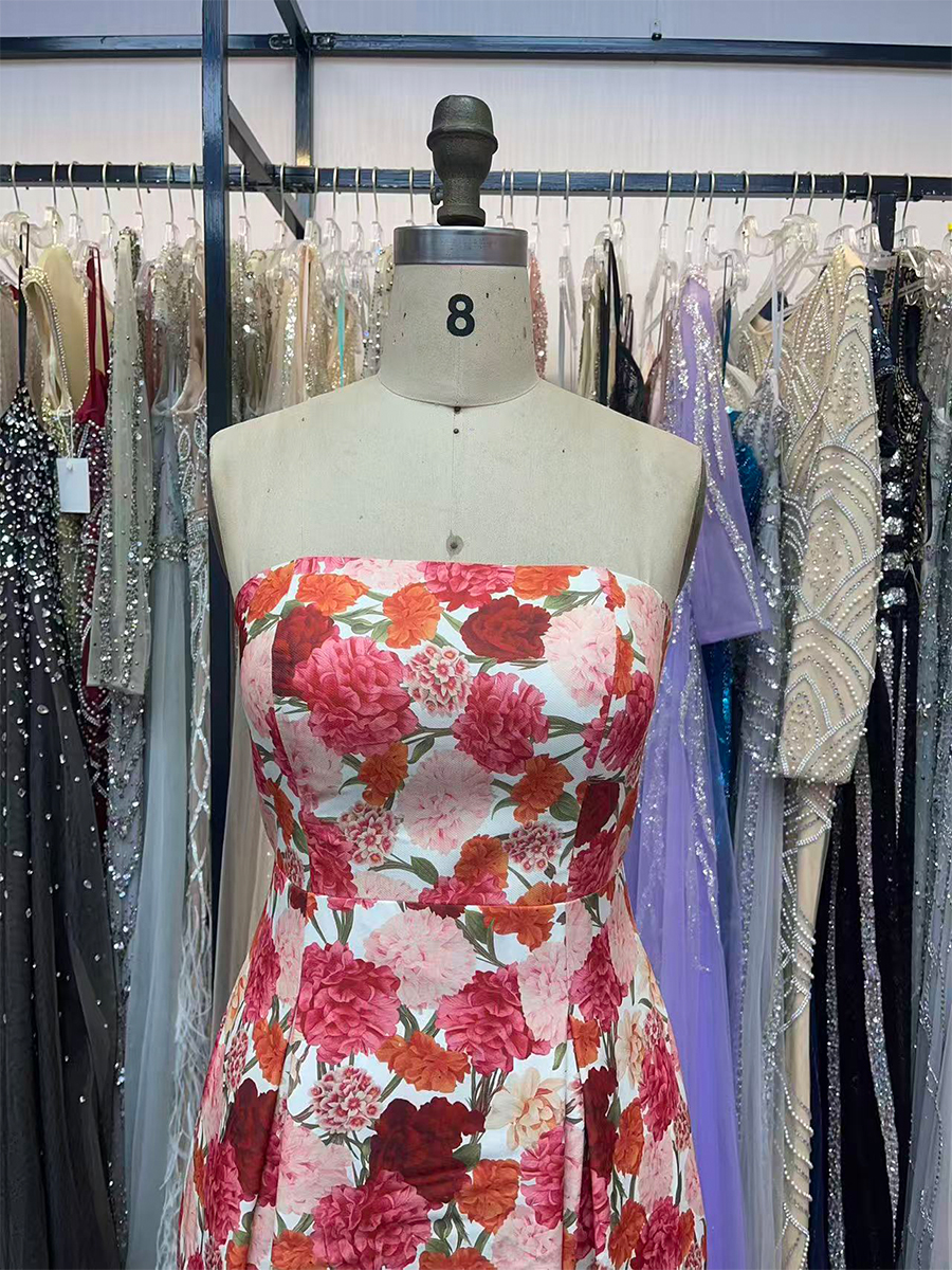 Floral Spring Prom Dresses for Teens Strapless Satin Wedding Party Dress