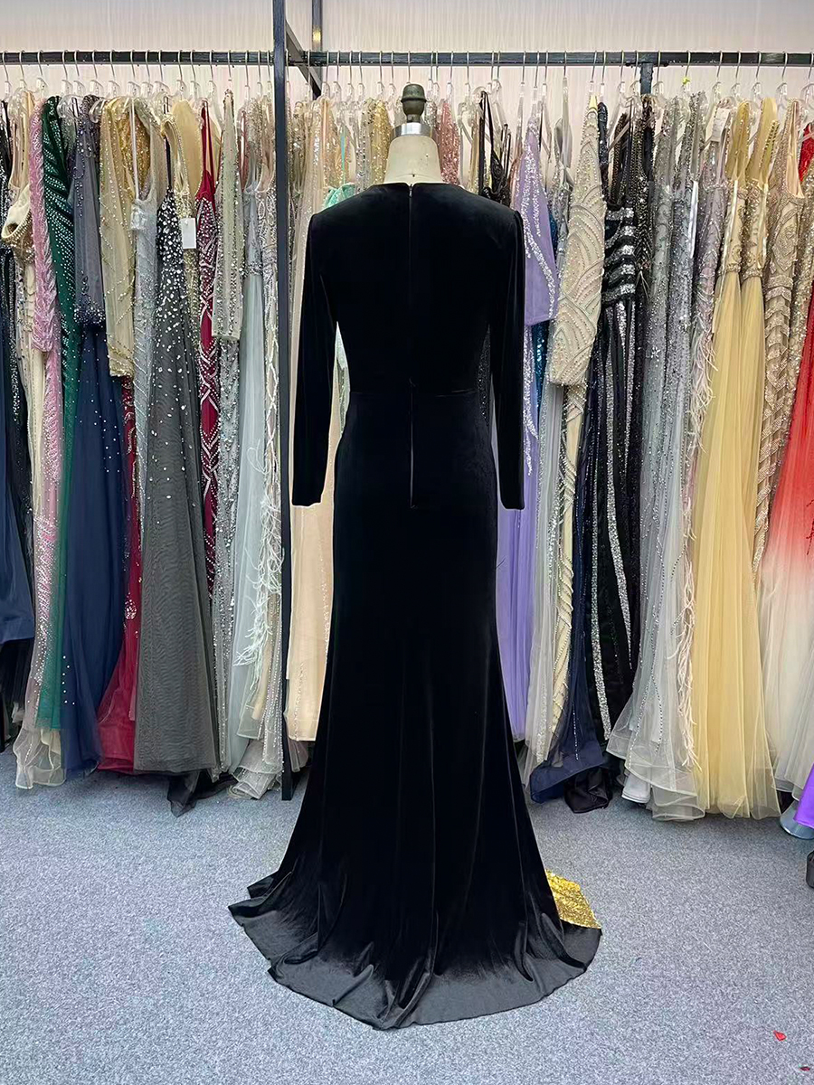 Long Sleeves Velvet Formal Dresses for Women Sparky Sequins Evening Dress