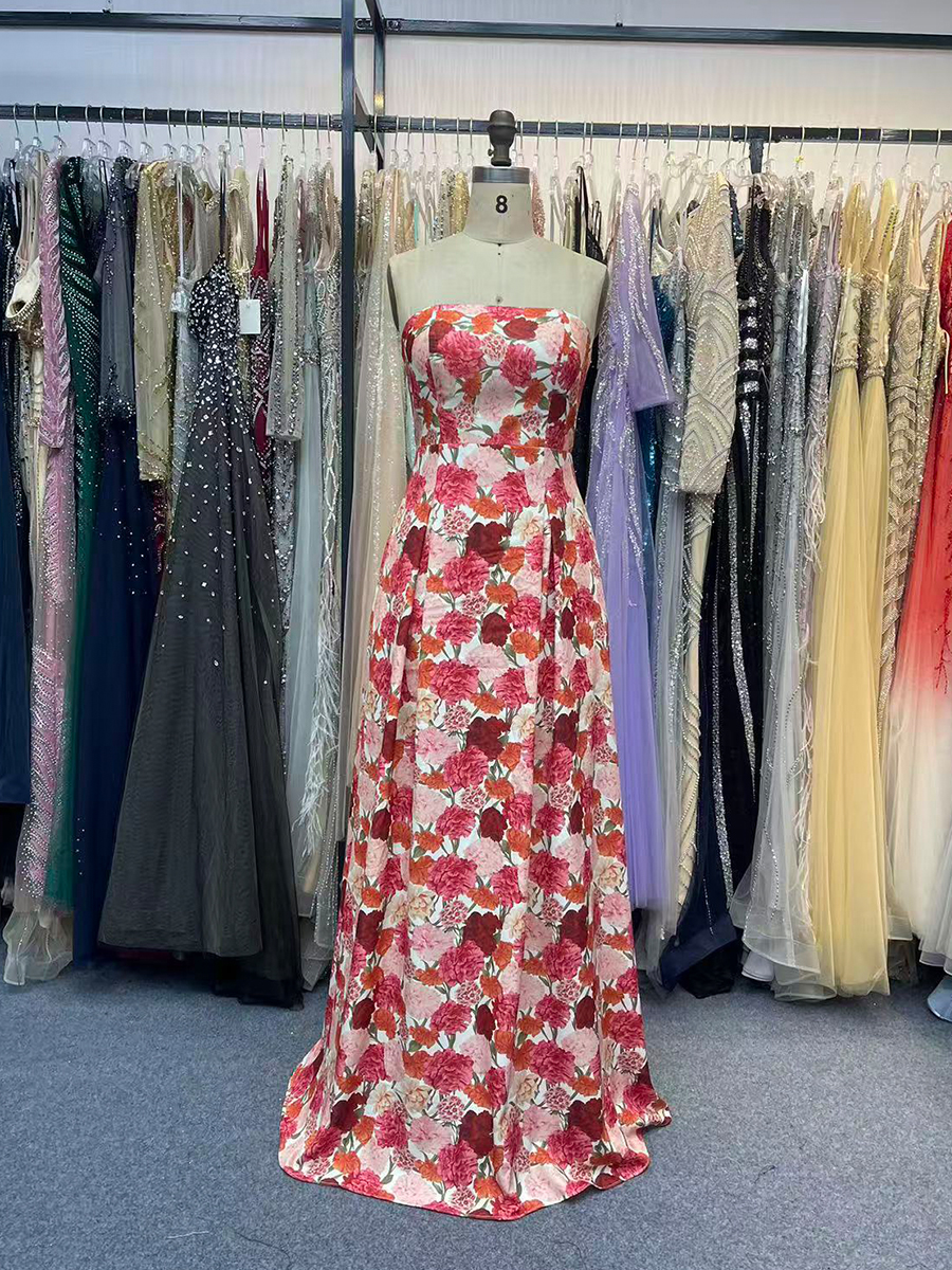 Floral Spring Prom Dresses for Teens Strapless Satin Wedding Party Dress