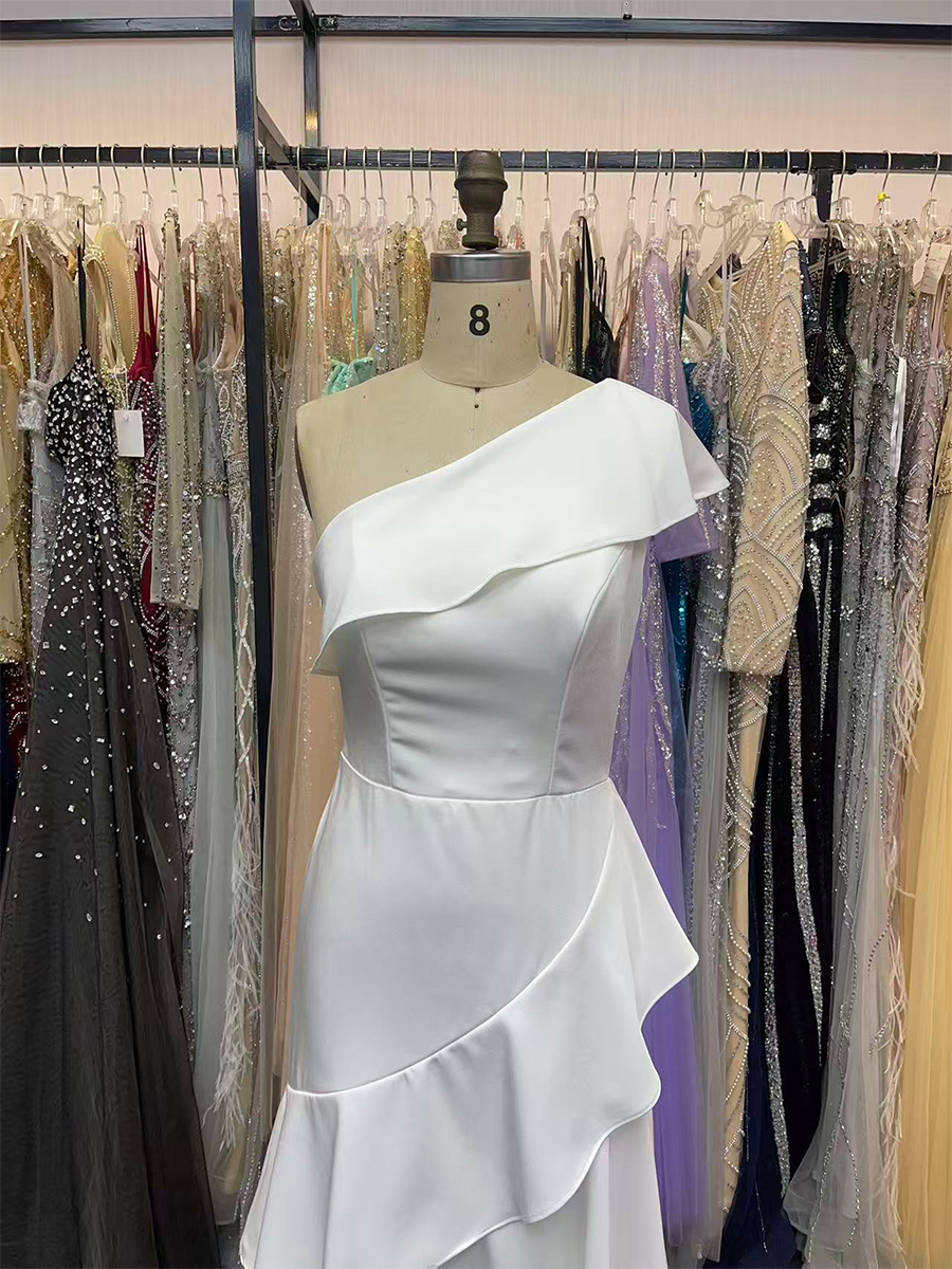 One Shoulder Formal Dresses with Ruffle White Mermaid Prom Dress