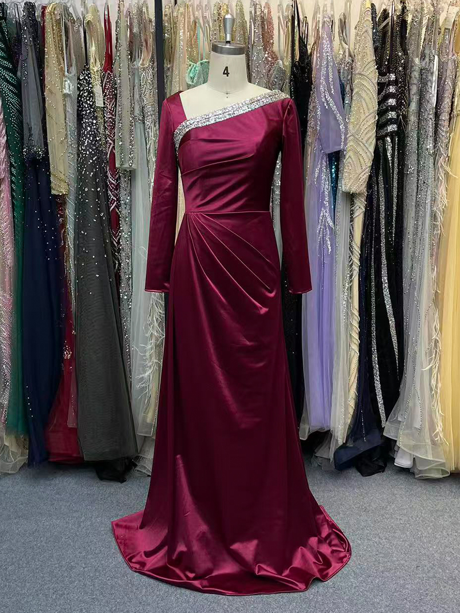 Long Sleeves Satin Prom Dresses with Sequins Mermaid Formal Dress for Women