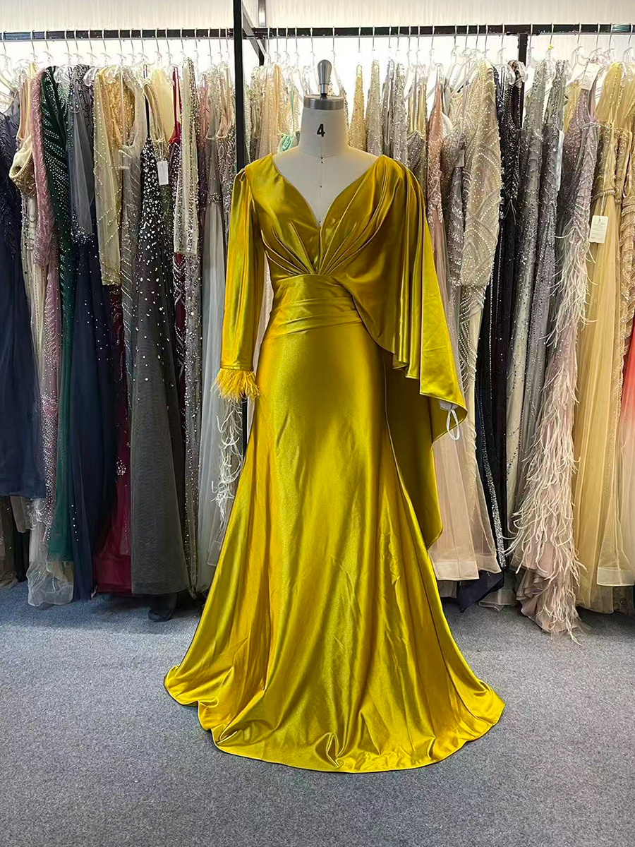 Long Sleeves Evening Dresses for Women Satin V Neck Formal Party Dress