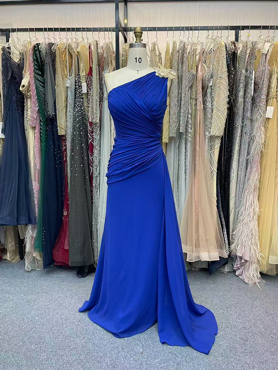 One Shoulder Pleated Formal Dresses with train Chiffon Bridesmaid Dress