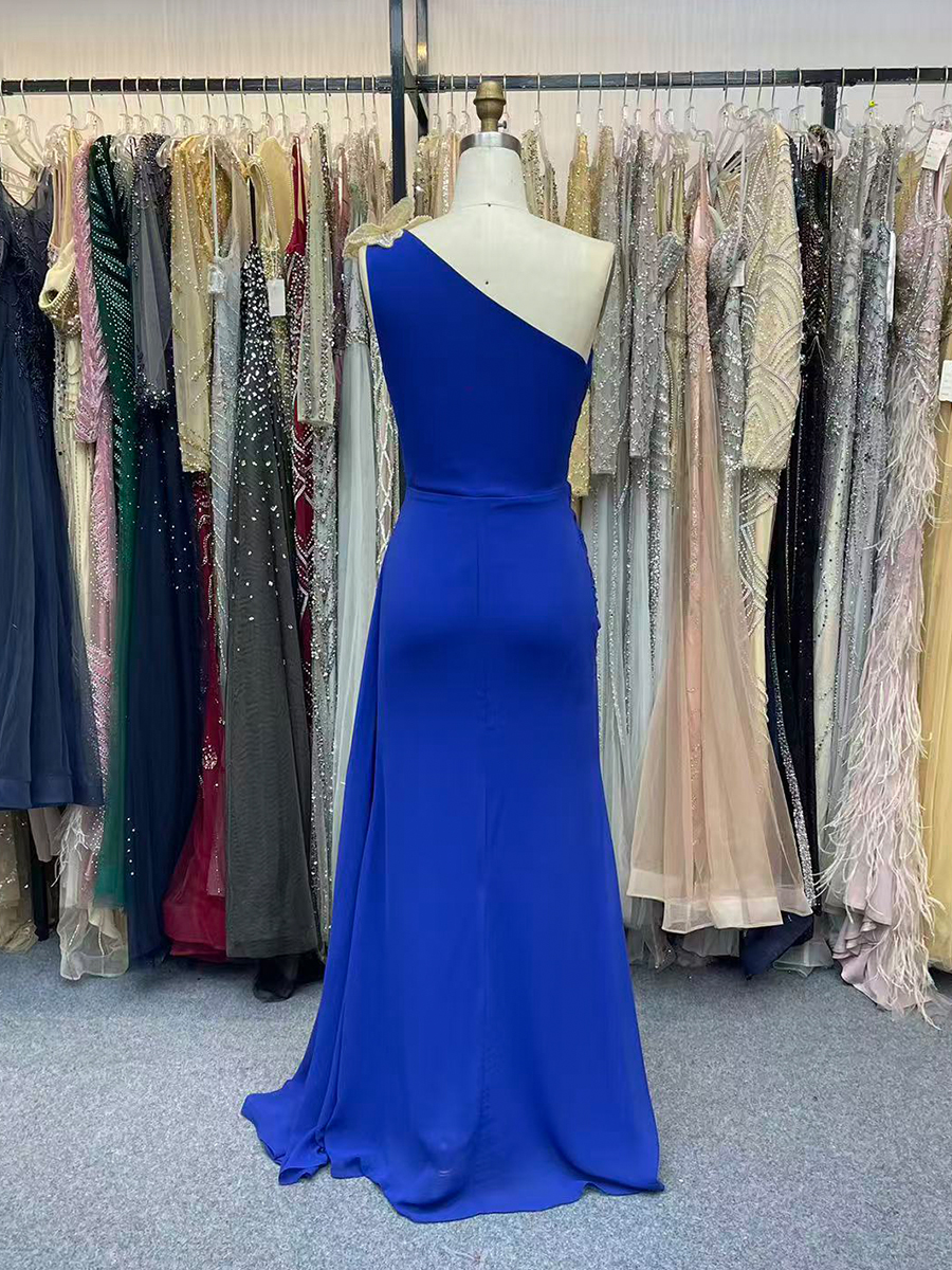 One Shoulder Pleated Formal Dresses with train Chiffon Bridesmaid Dress