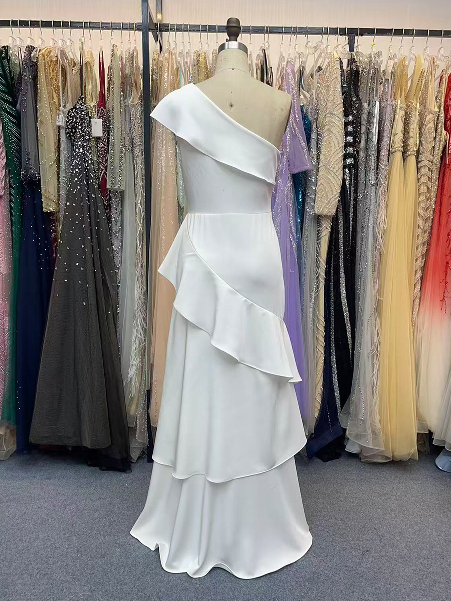 One Shoulder Formal Dresses with Ruffle White Mermaid Prom Dress