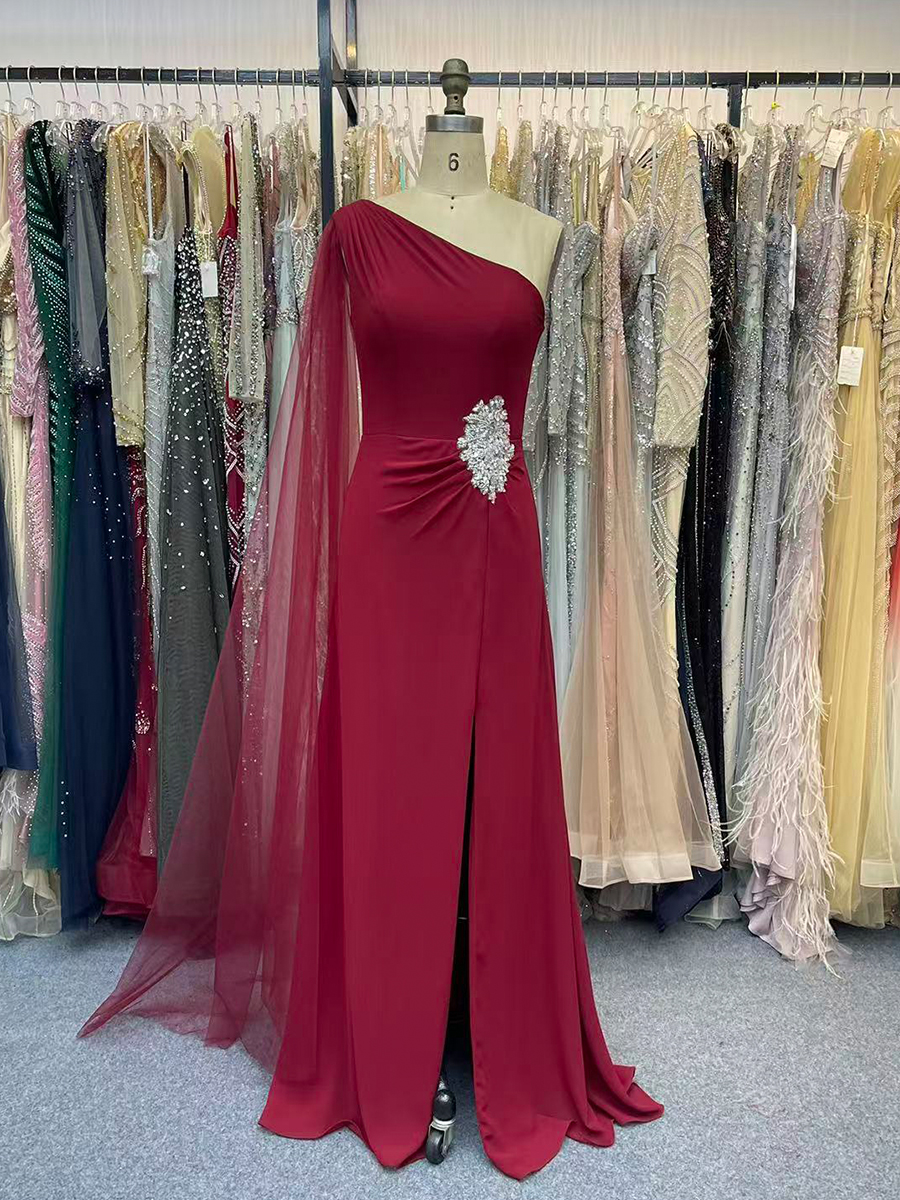 One Shoulder Chiffon Formal Dresses with Ruffle Pleated Prom Dress