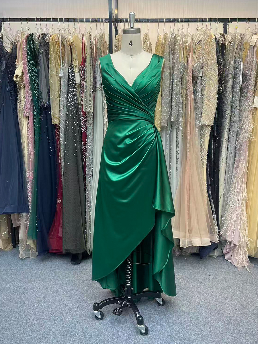 V Neck High Low Formal Dresses for Women Pleat Satin Wedding Guest Dress with Slit