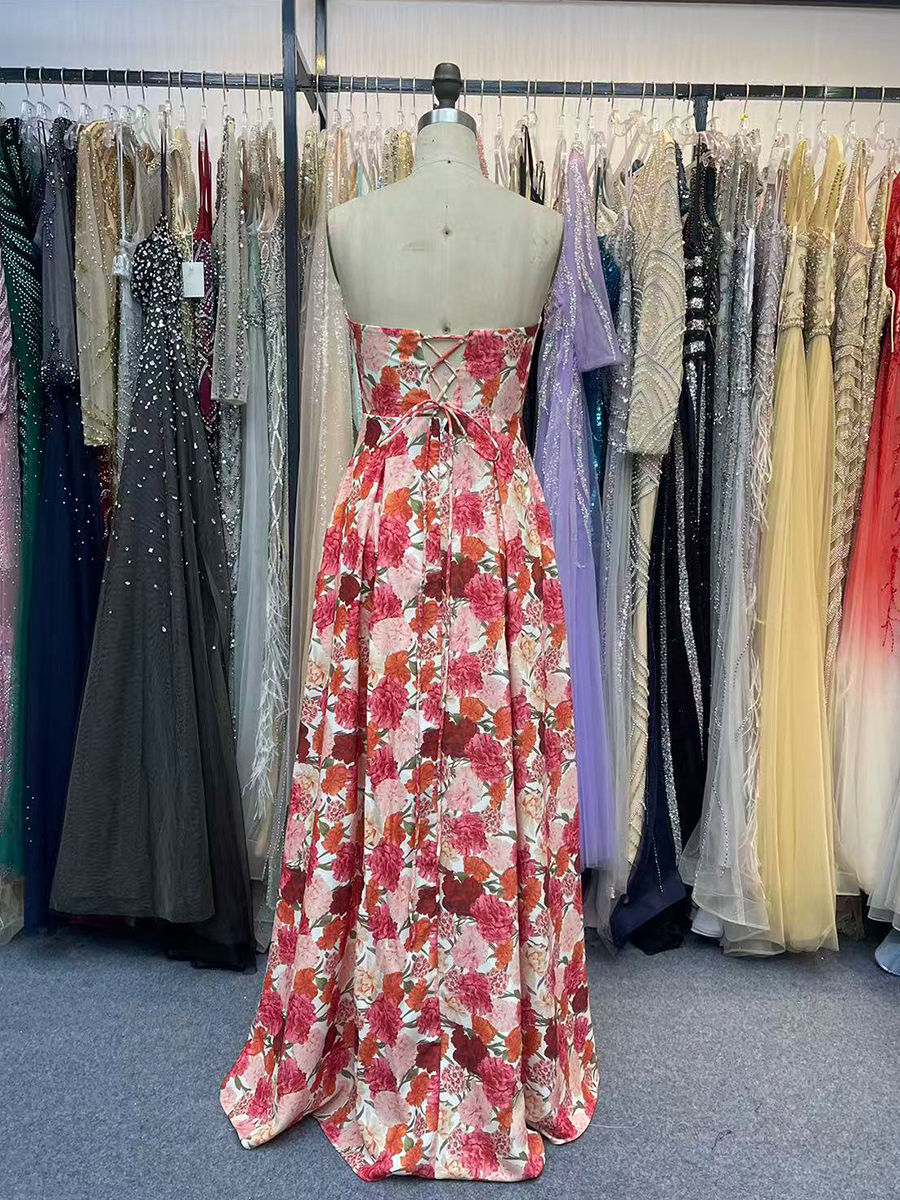 Floral Spring Prom Dresses for Teens Strapless Satin Wedding Party Dress