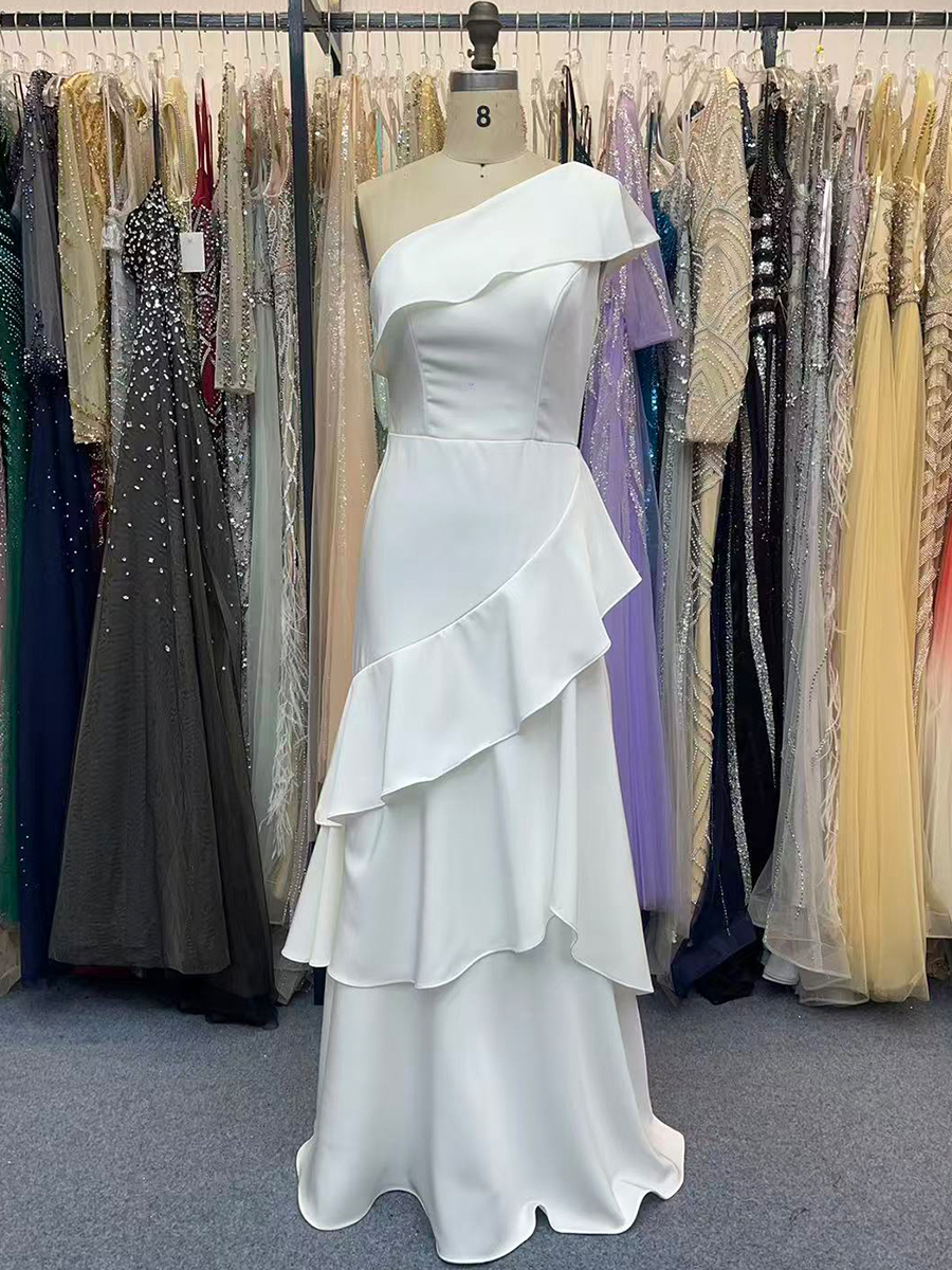 One Shoulder Formal Dresses with Ruffle White Mermaid Prom Dress