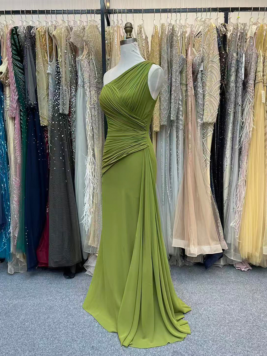 One Shoulder Chiffon Bridesmaid Dresses Pleat Mermaid Evening Dress