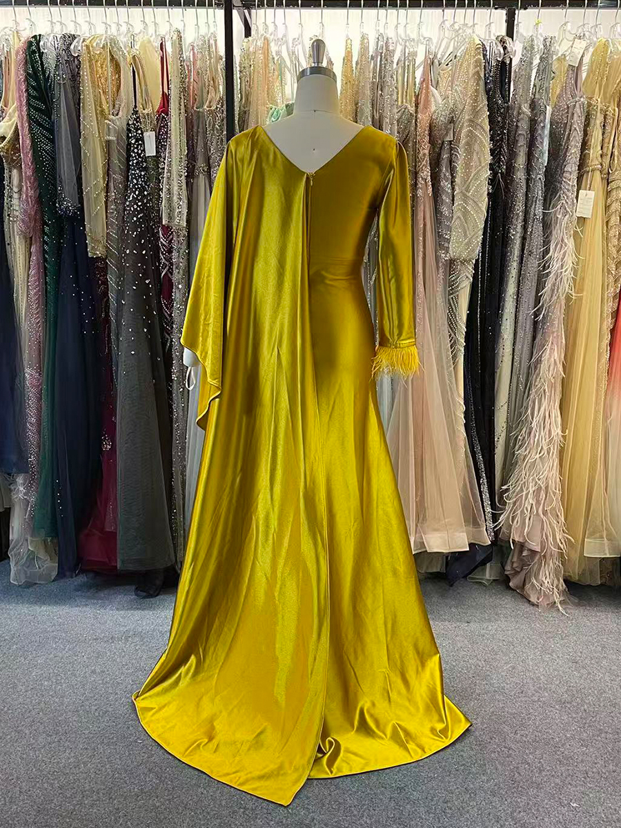 Long Sleeves Evening Dresses for Women Satin V Neck Formal Party Dress