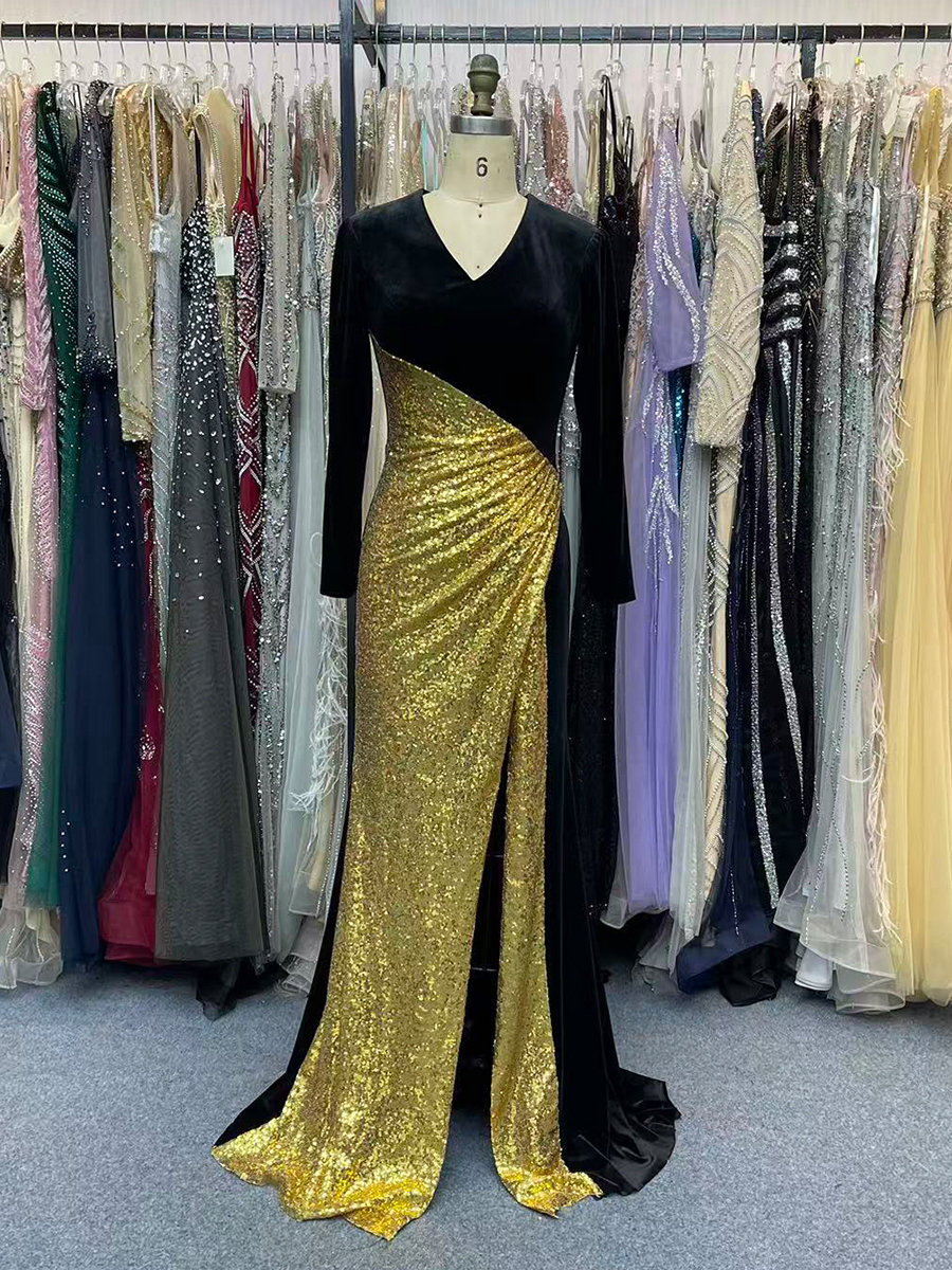 Long Sleeves Velvet Formal Dresses for Women Sparky Sequins Evening Dress