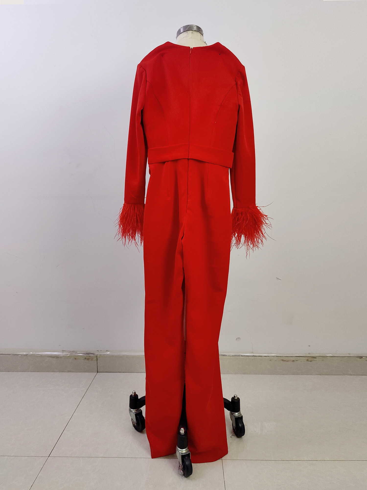 Long Sleeves Jumpsuit Evening Dresses with Feather V Neck Satin Formal Party Dress for Women 