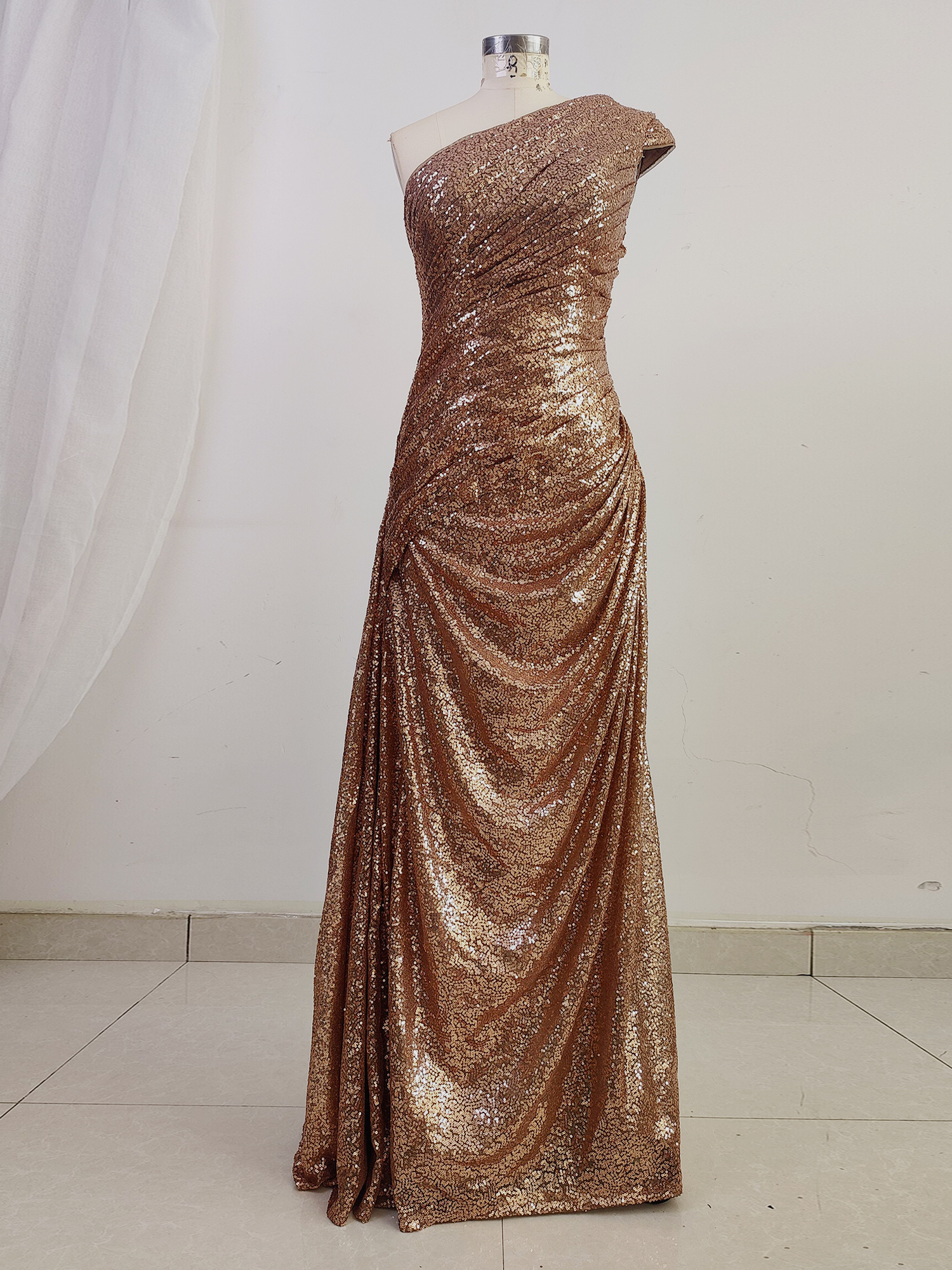 One Shoulder Sequins Formal Dresses A Line Pleated Prom Evening Dresses 